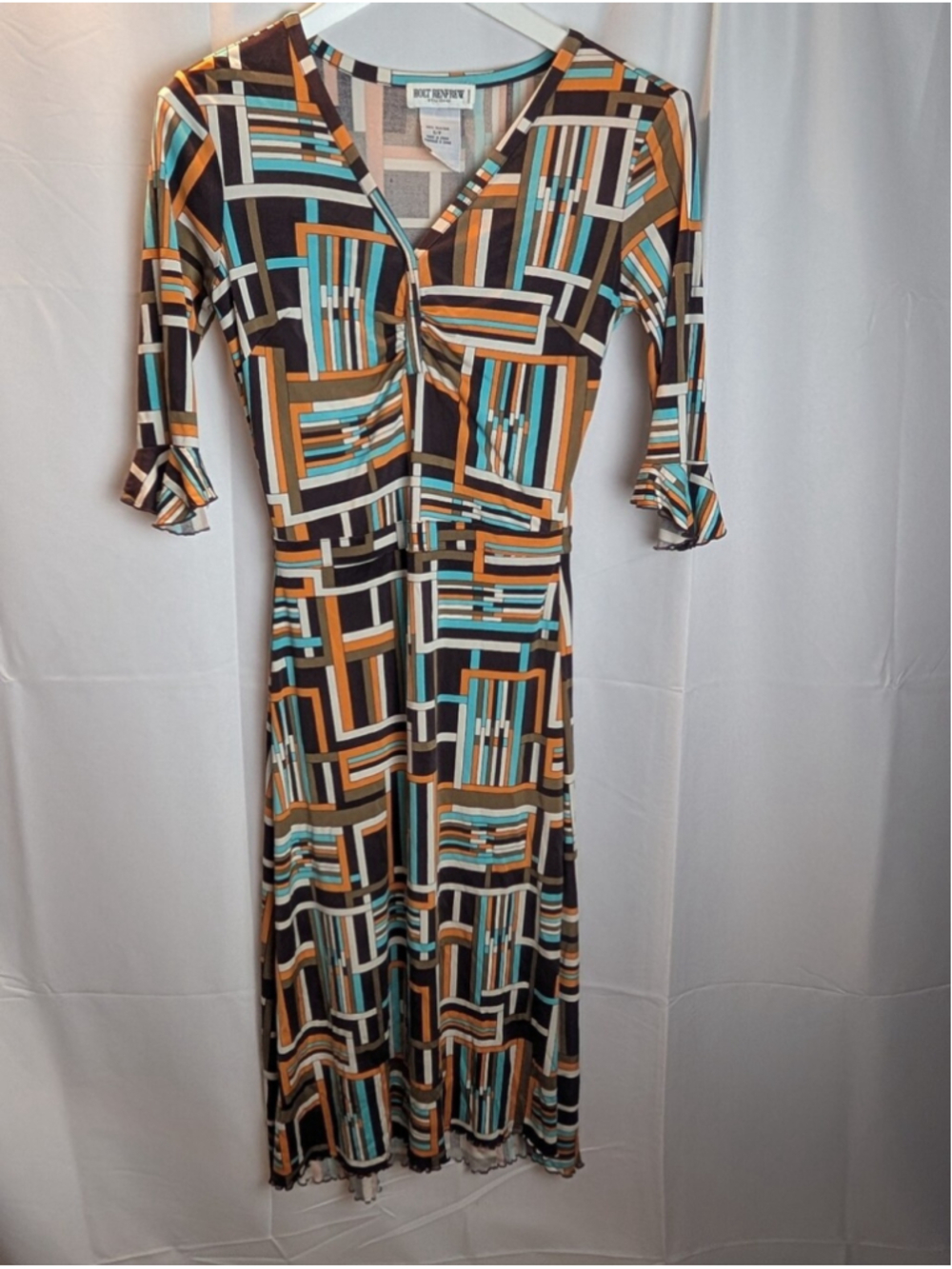Vintage Holt Renfrew Studio Silk Midi Dress Small 70s Geo Mod Ruffle Sleeve